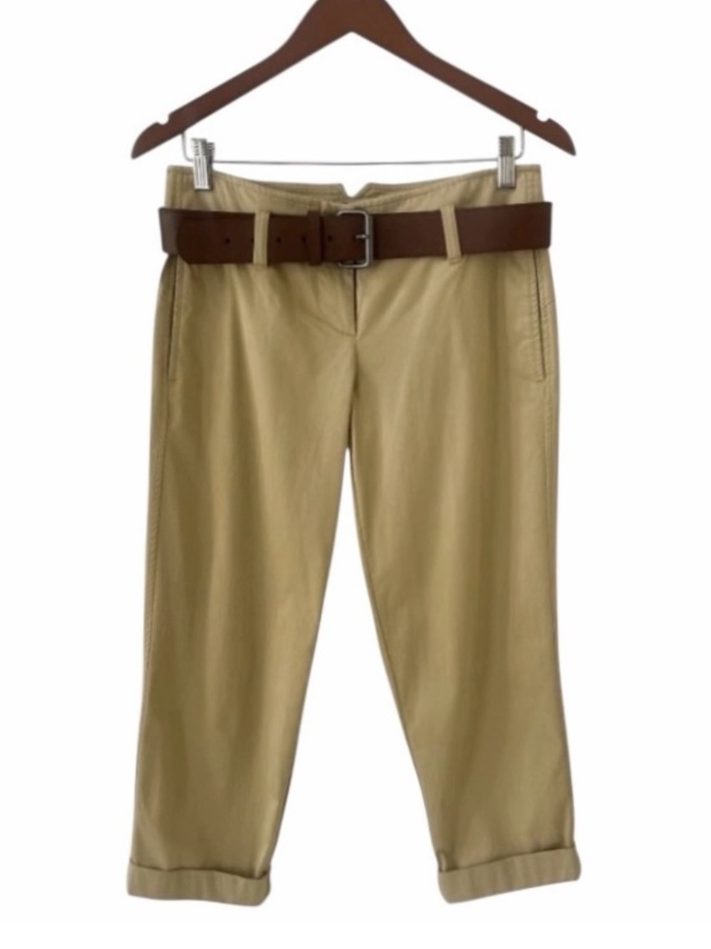 Theory Tan Chino Cropped Cotton Blend Pants with Brown Belt Size 2